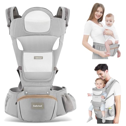 Safotad Baby Carrier with Hip Seat,Ergonomic M Position 6in1 Baby Carrier Newborn to Toddler,Head Support and Breathable Mesh Newborn Carrier,Adjustable Baby Holder Carrier for Dad&Mom-Grey