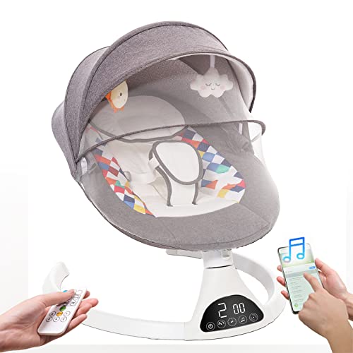 Addweet Baby Swings for Infants, Portable Bluetooth Enabled Baby Rocker with 5 Natural Swing Ranges & 10 Preset Sleep Music, Auto-Sensing Start-Stop System, Remote Control Newborn Swing (Grey)