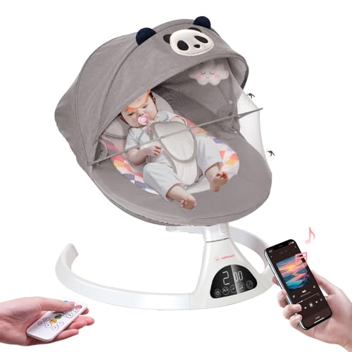 Baby Swings for Infants to Toddler, Electric Bouncer for Babies, Bluetooth Portable Baby Swing for Newborn, Remote Control Baby Rocker for Indoor/Outdoor with 5 Swing ranges, 10 Music, Panda (Grey)