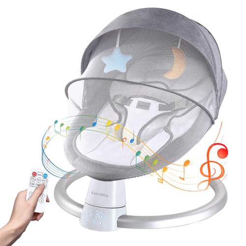 Uuoeebb Baby Swing for Infants, Portable Electric Baby Swing Bluetooth Support with 5 Swing Speed 10 Lullabies, Remote Control/Touch Panel – Infant Swing for Indoor and Outdoor Use, Gray