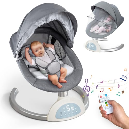 LOL-FUN Baby Swings for Infants, Electric Baby Rocker Swinger for 0-9 Month Newborn Boy & Girls, 5 Swing Speeds Bluetooth Remote Control Music Speaker for 5-20Lb Baby