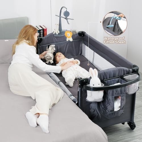 Nookbeya 5 in 1 Baby Bassinet Bedside Sleeper, Pack and Play Bassinet with Diaper Changer and Waterproof Sheet, Mattress,Music,Folding Portable Playards from Newborn to Toddler,Grey