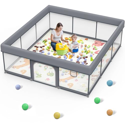 JIKPO Extra Large Baby Playpen, Sturdy Safety Play Pen for Babies and Toddlers, Wrap Around Cushion Design and Soft Breathable Mesh Play Yard, Kids Activity Center with 12 Suction Cup Bases (59″x59″)