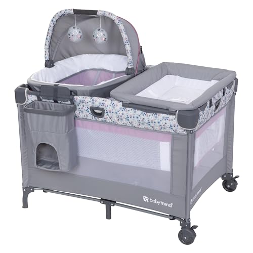 Baby Trend Nursery Suite EZ-Fold Playard with Portable Rocking Lounger and Flip Over Changer, Daisy Pink