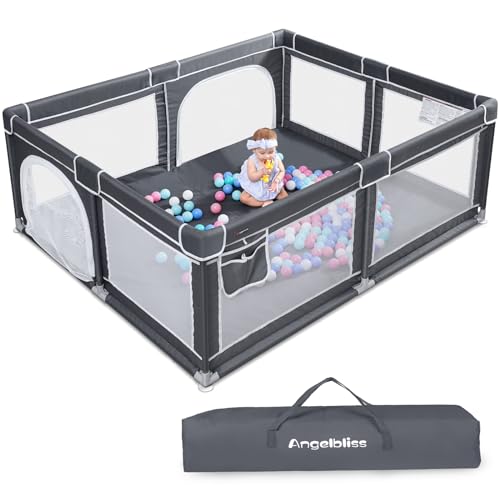 ANGELBLISS Baby Playpen, Extra Large Playard, Indoor & Outdoor Kids Activity Center with Anti-Slip Base, Sturdy Safety Play Yard with Breathable Mesh, Kid’s Fence for Toddlers(Dark Grey,71”x59”)