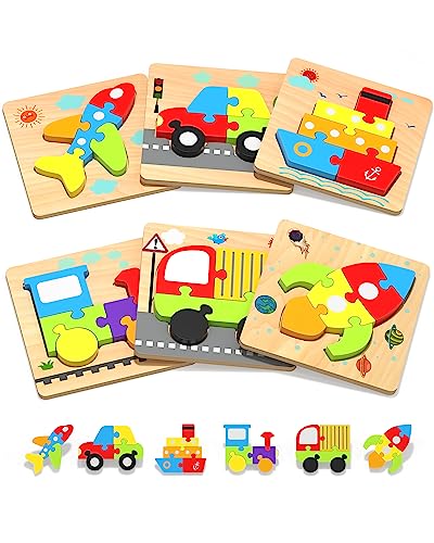 Yetonamr Wooden Toddler Puzzles Toys for 1 2 3 Years Old Boys Girls, 6 Vehicle Shape Montessori Toys Easter Basket Stuffers Educational Blocks Birthday Gift Baby Learning Toy Age 1-3, 2-4