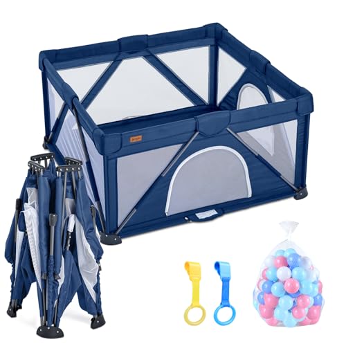 Jimglo Baby Playpen Foldable, Playard for Babies and Toddlers, Portable Playpen Activity Center with 50 Balls+2 Handles for Travel, Indoor & Outdoor Play Pen with Mesh 50”x50”(Dark Blue)