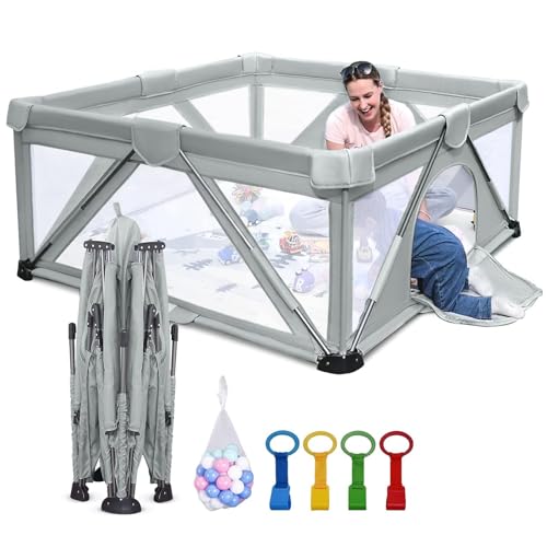 Baby Playpen Foldable, Heyo.Ja Large Play Yard, Playpen for Babies and Toddlers, Play Pens for Babies and Toddlers with Gate, Indoor & Outdoor Portable Play Pen (47x47in, Cold Grey)