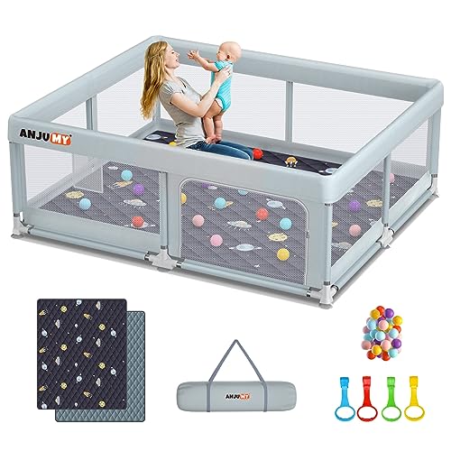 ANJUMY Baby Playpen with Mat Included 71×59 playpen for Babies and Toddlers,Indoor & Outdoor Activity Center,Kids Playpen with Gate,Safety Baby Fence Play Area with 50pcs Ocean Balls,Breathable Mesh
