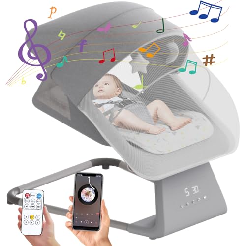 Baby Swings for Infants, Remote Indoor Baby Swing to Toddler, Portable Infant Swing and Bouncer for Baby Boy Girl, Baby Rocker Chair for Newborn with 11 Lullabies, Large Screen, 5 Speeds,Bluetooth