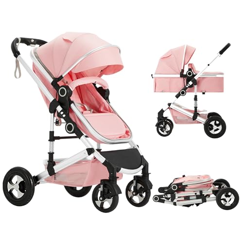 TODEFULL Convertible Baby Stroller, 3 in 1 Folding Infant Stroller, High Landscape Pushchair w/Adjustable Backrest & Canopy, Newborn Bassinet Pram with Foot Cover, Storage Basket, Pink