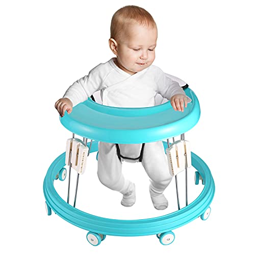 LANGYI Adjustable Baby Walkers for Baby with Easy Clean Tray, Universal Wheeled Walker, Anti-Rollover Folding Walker for Girls Boys 6-18Months Toddler, (Green)