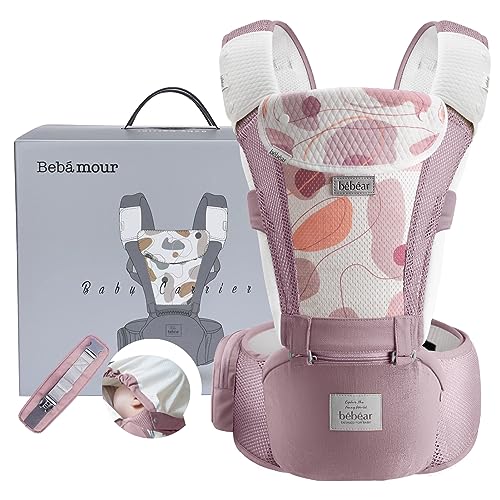 Bebamour Baby Carrier Front and Back Carry Baby to Toddler Baby Hip Carrier with Head Hood & 3 Pieces Teething Pads (Pink)