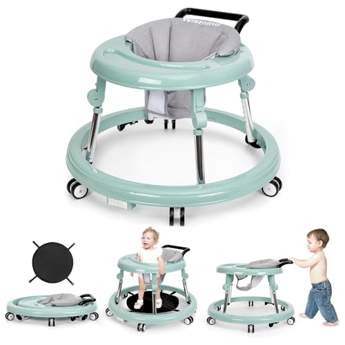 Wismind Baby Walker Foldable with 9 Adjustable Heights, Baby Walkers and Activity Center for Boys Girls Babies 7-18 Months, Baby Walker with Wheels Portable Anti-Rollover
