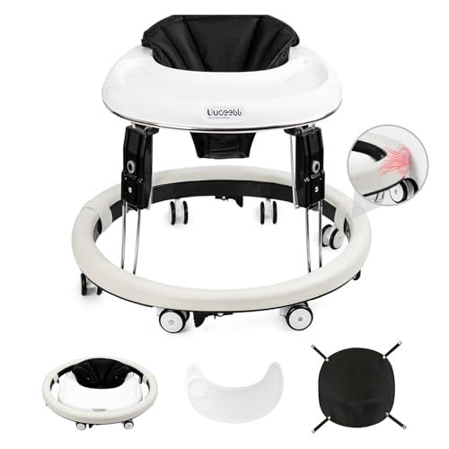 Uuoeebb Baby Walker with Wheels, Anti-Collision Design One-Touch Folding Baby Walker, Anti-Roll 8-Wheel Round Chassis, 7-Gear Height Adjustable, with Large Dinner Plate and Brake for Baby from 6-18M