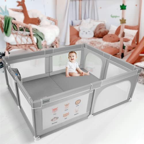 Cowiewie Baby Playpen, 76.77″ x 61.02″ Large Playard with Hanging Basket, and Breathable Mesh with Prints, Safety Gate Playpen for Babies and Toddlers, Kids Activity Center