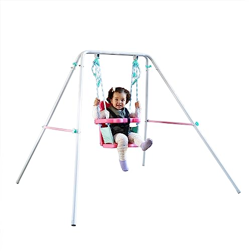 Sportspower FNS-003 My First Toddler Swing: Heavy-Duty Baby Indoor/Outdoor Swing Set with Safety Harness, Capacity – 50 lbs and Ages 9-36 Months, Pink/Pale Green