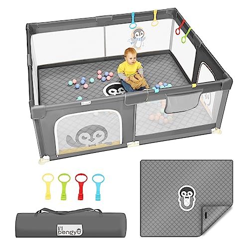 Baby Playpen for Babies and Toddlers with Mat, 71×59 inch Extra Large Baby Playard No Gaps for Indoor & Outdoor, Toddler Playpen with Bag, Anti-Slip Base, (Gray), Li’l Pengyu