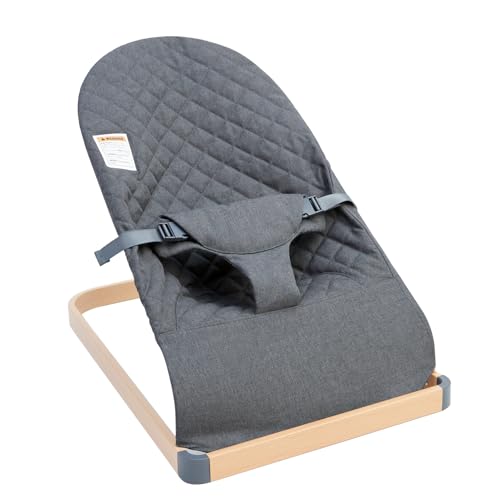 ANGELOGJGT Baby Bouncer – Portable Bouncer Seat for Babies, Ergonomic Design Baby Bouncy Seats Infant with Wood Grain Base Natural Vibrations, Grey