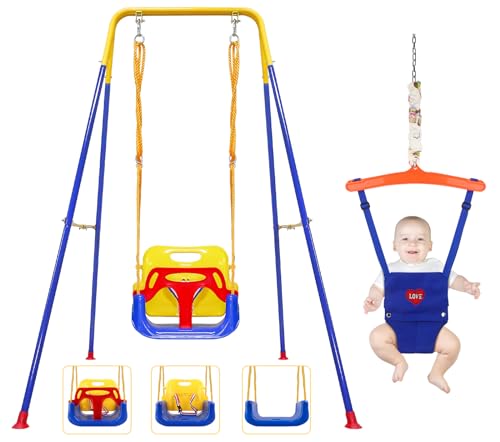 3 in 1 Baby Jumper and Swing Set, Toddler Swing and Bouncers with Foldable Metal Swing Stand & Safety Seat – Easy Assembly and Storage, Indoor Outdoor Fun