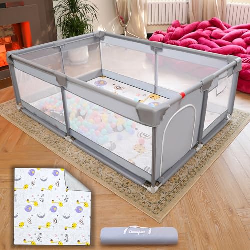 47″*47″ Baby Playpen Small Baby Playard for Babies and Toddlers Sturdy Baby Fence Anti-Slip Play Pen with Breathable Mesh, Zipper Play Yard for Indoor & Outdoor, Grey + MAT (47”*47” + MAT)
