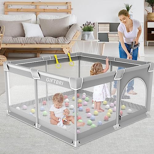 GIFTBRI Baby Playpen for Toddler, 50”×50” Large Baby Playard, Indoor & Outdoor Kids Play Pen with Hand Rings, Sturdy Safety Play Yard with Soft Breathable Mesh, Playpen for Babies(Grey)