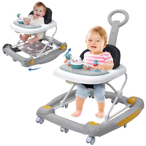 HAPYOOY 4 in 1 Baby Walker, Baby Walker with Wheels, Adjustable Height, Music, Lights, Rocker Mode, Baby Activity Walker, Baby Walker and Bouncer Combo, Baby Walker for Boys Girls 6-24 Months