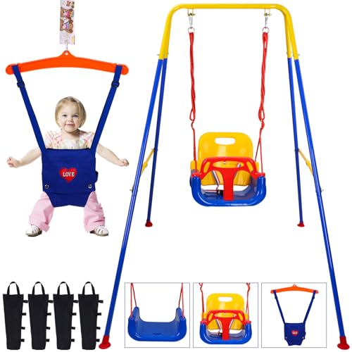 3-in-1 Toddler Swing Set with Baby Jumper for Backyard,Baby Swing with Bouncers and Sandbags for Outdoor/Indoor Play,Sturdy Kids Swing Suitable for Aged 6 Months to 9 Years,Easy to Assemble and Store