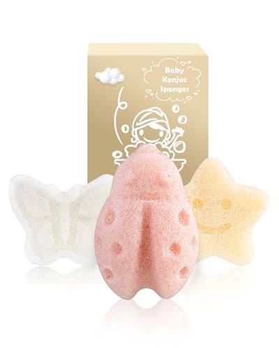 Konjac Baby Sponge for Bathing, 3Pcs Natural Cute Shapes, Kids Bath sponges for Infants, Toddler Bath time, Plant-Based, Extra Soft