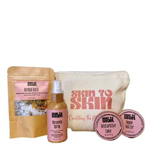 Skin to Skin Postpartum Kit-4 Piece Set in Cosmetic Bag – Includes: Herbal Bath, Recovery Spray, Restorative Salve, and Nipple Butter – Postpartum Care Kit – Mommy Hospital Bags for Labor and Delivery
