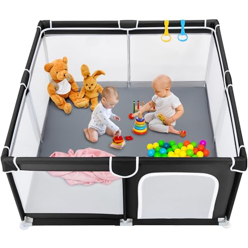 TODALE Baby Playpen for Toddler, Large Baby Playard, Indoor & Outdoor Kids Activity Center with Anti-Slip Base, Sturdy Safety Play Yard with Soft Breathable Mesh, Playpen for Babies(Black,50”×50”)