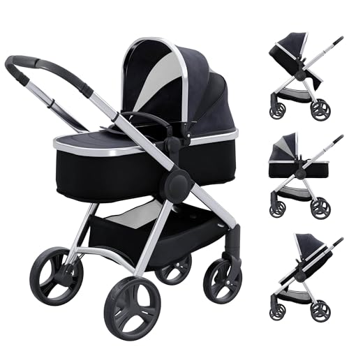 2 in 1 Convertible Baby Stroller, Folding High Landscape Infant Carriage, Newborn Reversible Bassinet Pram, Adjustable Canopy, Anti-Shock Toddler Pushchair Dark Grey