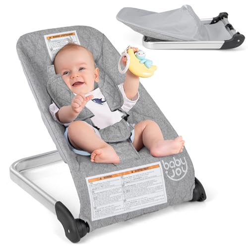 BABY JOY Baby Bouncer, Foldable Baby Bouncer Seat with 5-Point Safety Harness, Removable Fabric Cover, Portable Infant Bouncer for Babies 0-6 Months (Light Gray)