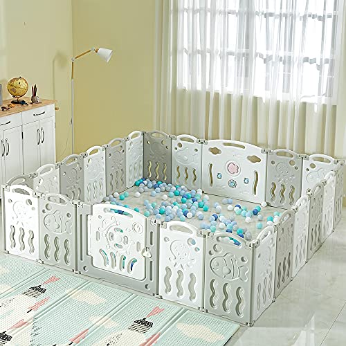 Albott Foldable Baby Playpen- Baby Playard 22 Panel Folding Play Pen Kids Activity Centre Safety Play Yard Home Adjustable Shape, Portable Design for Indoor Outdoor Use (White+Grey, 22 Panel)
