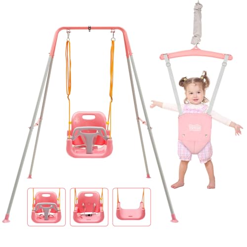 FUNLIO 2 in 1 Swing Set for Toddler & Baby Jumper, Heavy Duty Kids Swing & Bouncer with 4 Sandbags, Foldable Metal Stand for Indoor/Outdoor Play, Easy to Assemble and Store – Pink