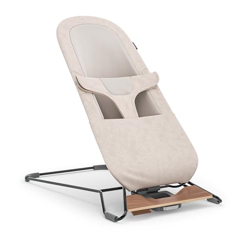 UPPAbaby Mira Bouncer/Portable 2-in-1 Bouncer + Seat Grows With Your Baby/GREENGuard® Gold, JPMA + FSC® certified/Cozy Seat Liner + Storage Bag Included/Charlie (Sand Mélange/Black Chrome/Walnut Wood)