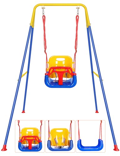 Rengue 3-in-1 Baby Toddler Swing with 4 Sandbags, Toddler Swing for Outdoor/Indoor Backyard Play, Kids Swing Set with a Foldable Metal Stand, Easy to Assemble & Store