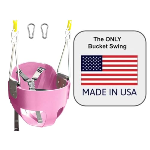 SAFARI SWINGS Full Bucket Toddler Swing Seat with Plastic Coated Chains, USA Made Outdoor Bucket Swing for Playground & Backyard with 3 Point Safety Harness and Heavy Duty Carabiners (Pink)