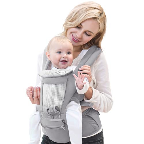Baby Carrier, YCDTMY Baby Carrier with Hip Seat, 6-in-1 Toddler Carrier for Dad Mom, Ergonomic Baby Carrier Newborn to Toddler 0-36 Month, Front and Back Baby Hip Carrier Adjustable Removable,Grey