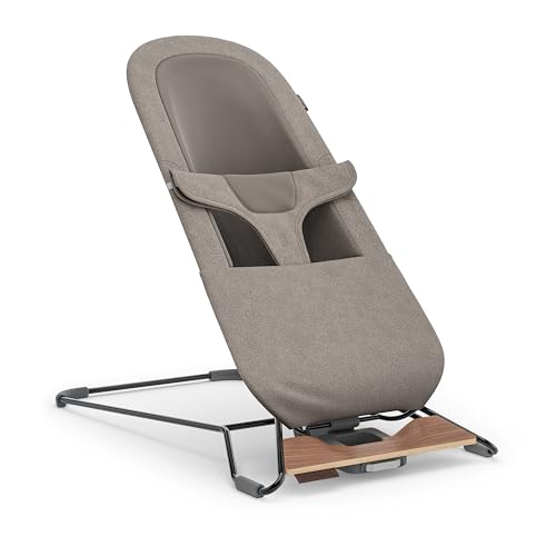 UPPAbaby Mira Bouncer/Portable 2-in-1 Bouncer + Seat Grows with Your Baby/GREENGuard® Gold, JPMA + FSC® Certified/Cozy Seat Liner + Storage Bag Included/Wells (Taupe Mélange/Black Chrome/Walnut Wood)
