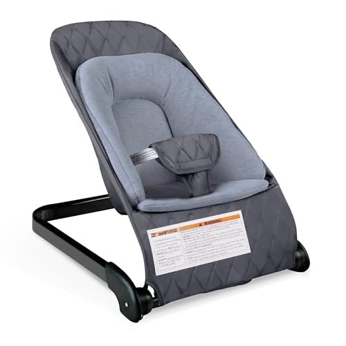 Kinder King Portable Baby Bouncer, Foldable Bouncer Seat w/Thickened Soft Cushion, 3-Point Harness, Lightweight Newborns Bouncy Seat, Grey
