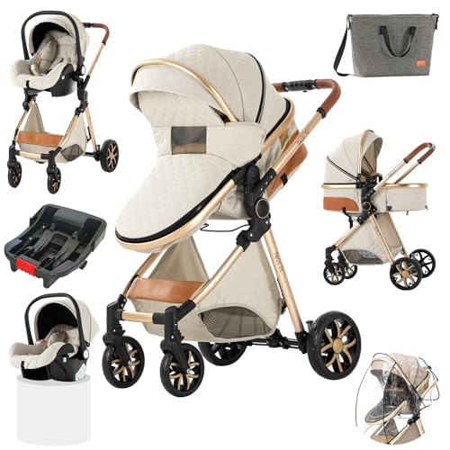 3 in 1 Baby Stroller Travel System, Reversible Newborn Foldable Pram, Infant High Landscape Pushchair, Portable Standard Stroller, Reclining Buggy, Baby Carriage (UDV9-WHITE with Base)