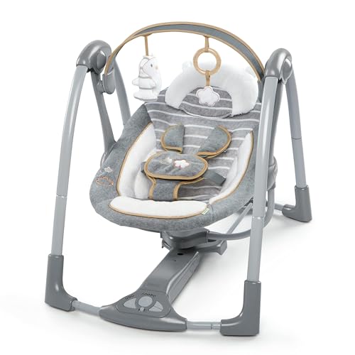 Ingenuity Swing ‘n Go Deluxe 5-Speed Baby Swing with Cushioned Harness – Foldable, Portable, 2 Plush Toys & Sounds, 0-9 Months 6-20 lbs (Bella Teddy)