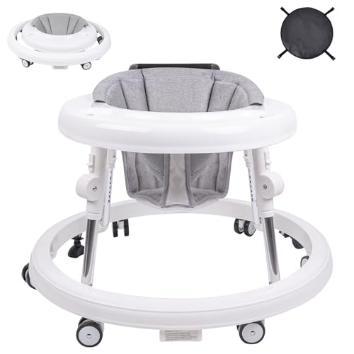 Baby Walker, Foldable 9-Gear Height Adjustable Baby Walker with Wheels, Infant Toddler Walker with Foot Pads, Anti-Fall Baby Walkers and Activity Center Bouncer Combo for Boys and Girls 6-24 Months…