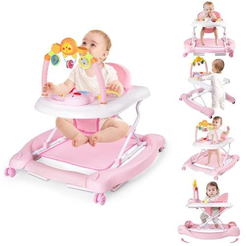 Boyro Baby 5-in-1 Baby Walker, Baby Walkers for Boys Girls 6-12 Months, Foldable Activity Walker, Toddler Infant Walker with Bouncer, Adjustable Height, Removable Footrest, Feeding Tray, Music