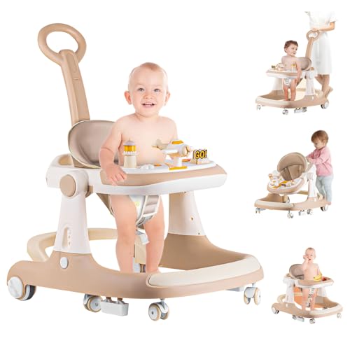 Baby Walker, 3 in 1 Activity Center with Mute Wheels, Learning-Seated, Walk-Behind, Removable Play Tray, Adjustable Height & Speed, Baby Walker for Boys and Girls from 6-18 Months with Footrest