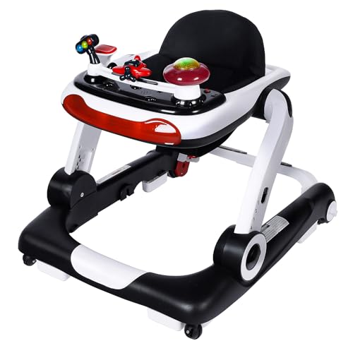 Kinder King 5 in 1 Baby Walker, Baby Bouncer Activity Walker w/Adjustable Height & Seat, Learning-Seated & Toddler Walk-Behind, Music Toys, Lights, Safety Bumper, Infant Walker Anti-Rollover, Black
