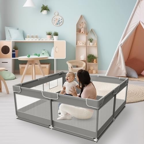 XVISHX Baby Playpen, 50 x 50 inch Baby Playard, Travel Pack N Play, Pack and Play for Indoor & Outdoor, Playpen for Babies and Toddlers, Baby Fence Play Pen, with Soft Breathable Mesh, Grey