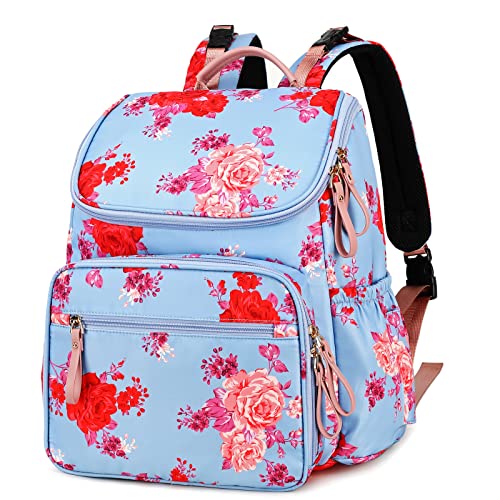LORADI Large Capacity Diaper Bag Backpack with Storller Clips, Water-Resistant Travel Backpack with Anti-Theft Pocket, Blue-Rose Flower