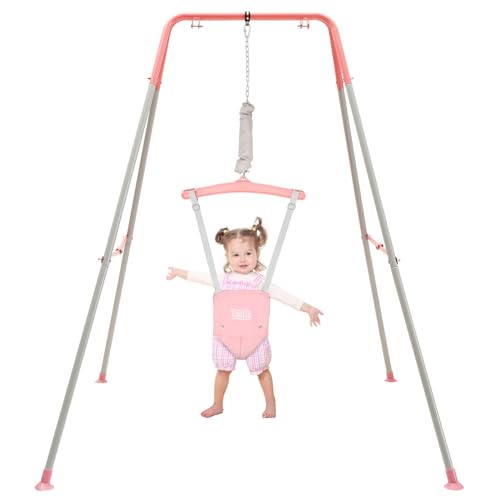 FUNLIO Baby Jumper with Stand for 6-24 Months, Infant Jumper for Indoor/Outdoor Play, Toddler Jumper for Baby Girl/Boy, with Adjustable Chain, Easy to Assemble & Store (with Stand) – Pink